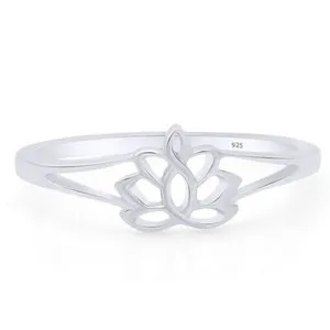 Authentic Lotus Flower Yoga Comfort Fit Band Ring 14K White Gold Plated Silver