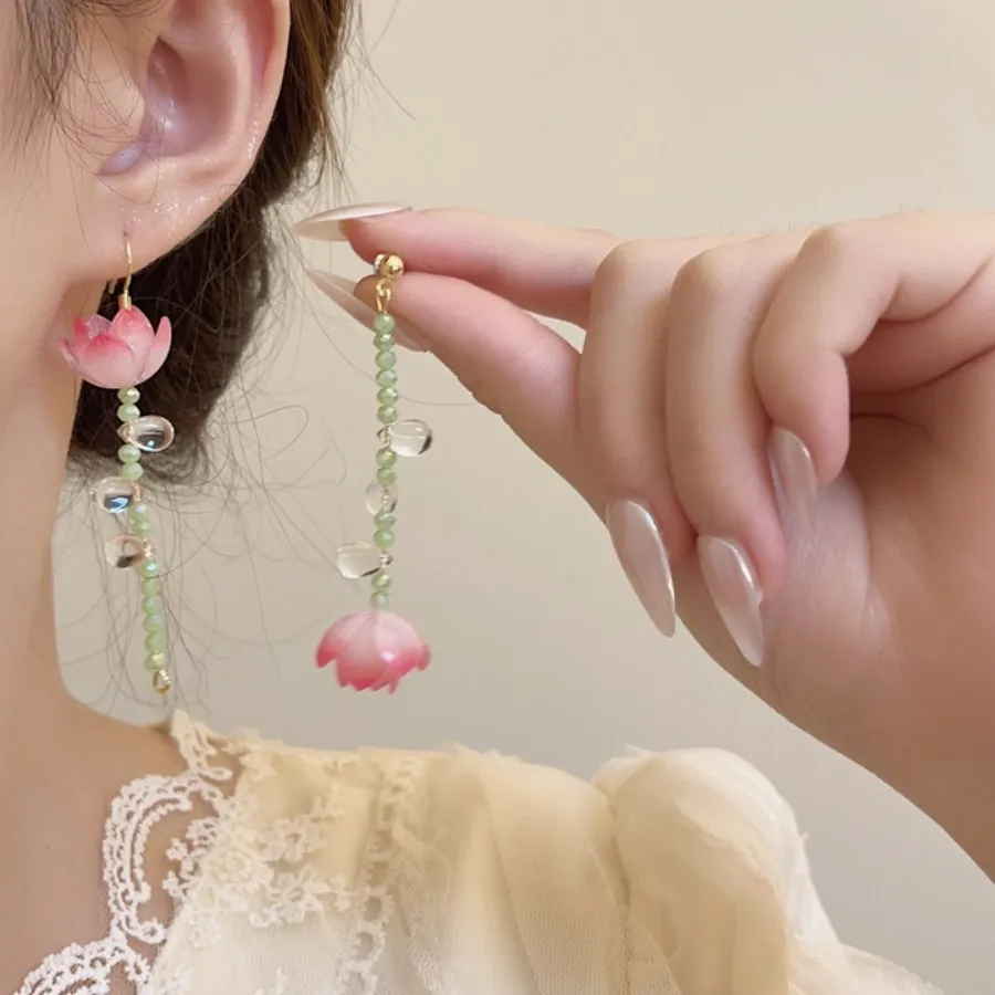 Authentic Chinese Lotus Flower Earrings Original Asymmetrical Design Chilly Adorable Jewelry Ancient Style Ear Clips