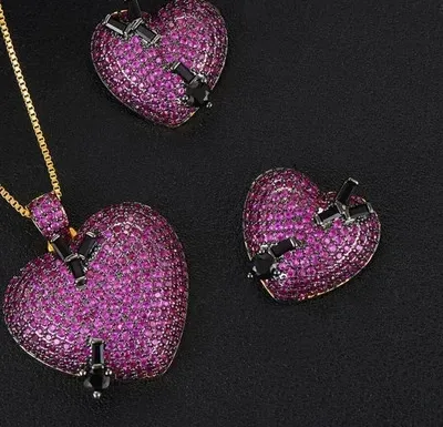 Authentic 18K Gold Plated Lab Pink Sapphire Heart Pendant Necklace Earrings Valentine Gift