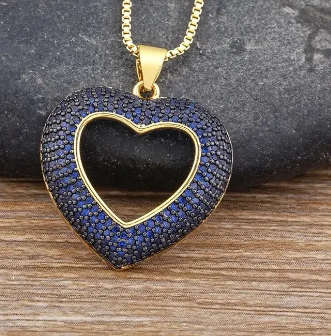 Authentic 18k Gold Plated Zircon Encrusted Heart Necklace - Sapphire Blue