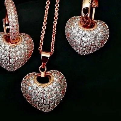 Authentic 18k Rose Gold Plated 3D Heart Pendant Necklace Earrings made Simulated Diamond