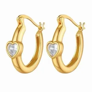 Authentic 18K Gold Plated Heart Crystal CZ Huggie Hoop Earrings 11mm Chunky Earrings A51