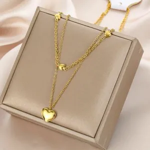 Authentic Woman 18K Gold Plated Heart Charm 2 Layers Chain Necklace
