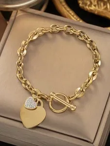 Authentic 18K Gold Plated Heart Bracelet Double Pendant Women Jewelry