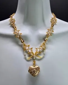 Authentic Handcrafted 18k Gold Plated Heart Locket Peach Zircon & Prehnite Beaded Necklace