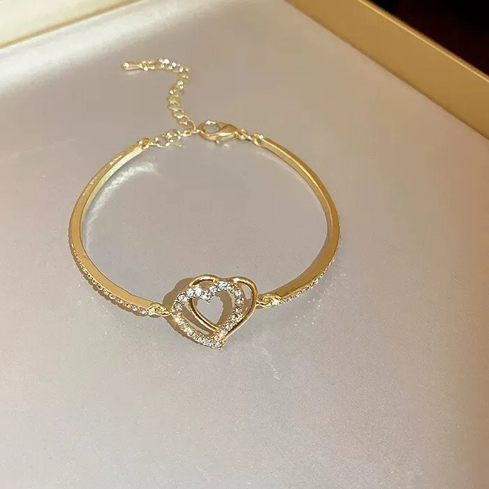 Authentic 18K Gold Plated Double Love Heart Charm Bracrlet for Women, Jewelry Gifts
