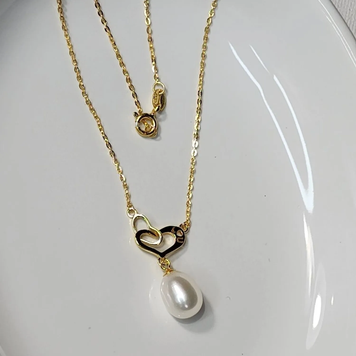 Authentic Stamped I LOVE U 18K Gold Plated Natural Drop Pearl Heart Pendant Necklace