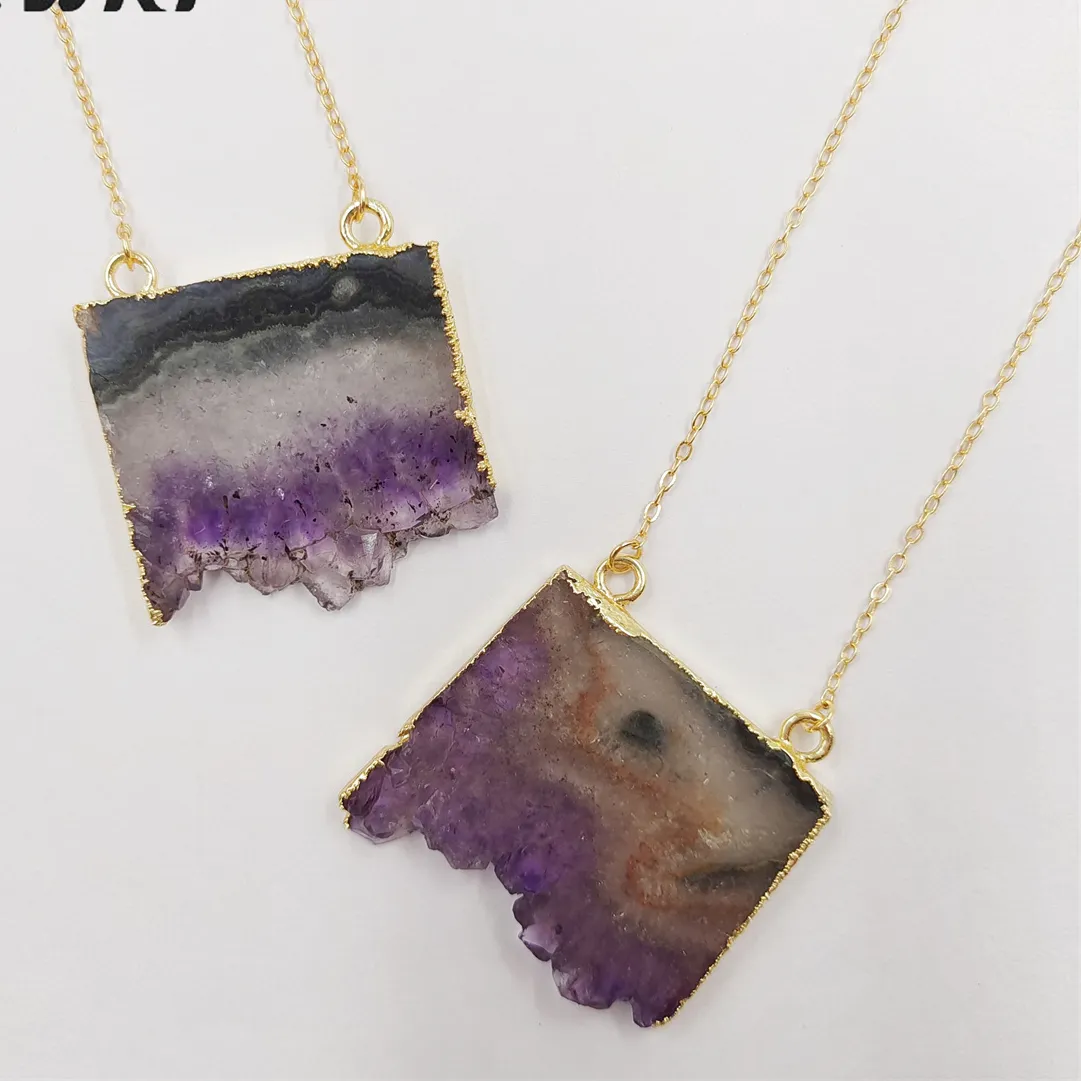 Authentic Radiant Amethyst Slice Pendant with 18K Gold Plated Trim