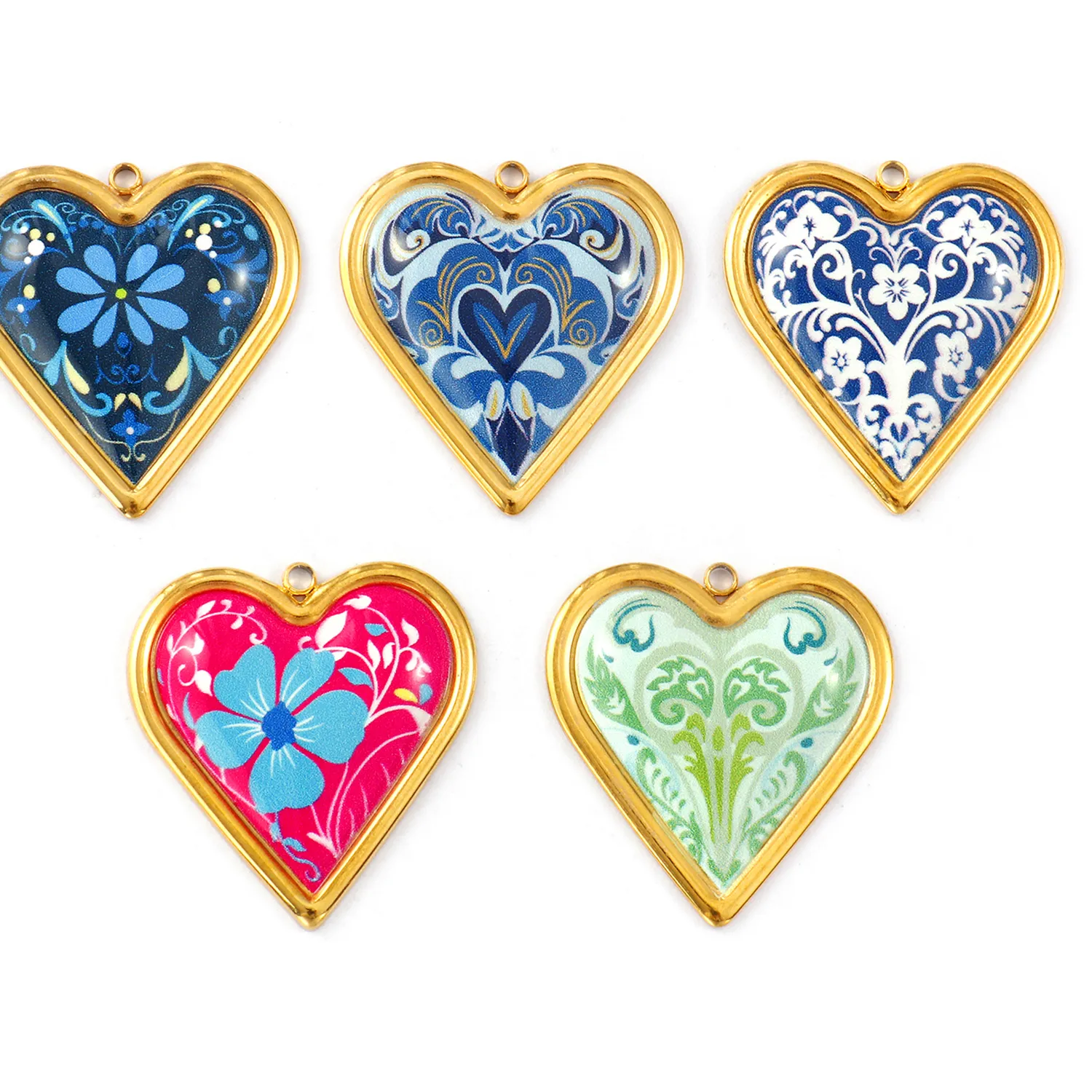 Authentic 2 Pcs 304 Valentine's Day Pendants 18K Gold Plated Heart Printed Flower Charms For DIY Necklace 3.1cm x 2.9cm