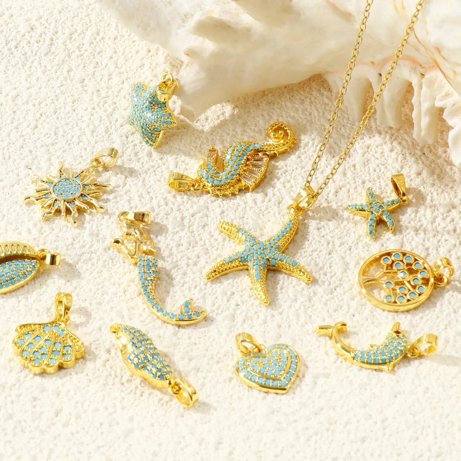 Authentic 2Pcs Ocean Blue Cubic Zirconia Charms Starfish Mermaid Conch Heart Melon 18K Gold Plated Pendants For Diy Necklace Jewelry