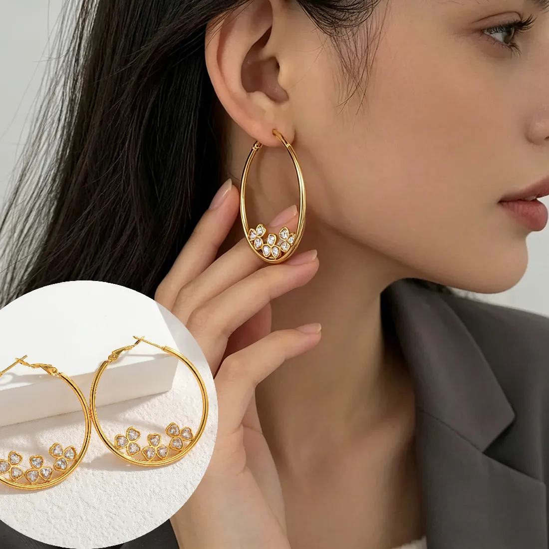 Authentic 18K Gold Plated Hoop Heart Cubic Zirconia Earrings Charming Exquisite Luxury Jewelry Gifts for Women