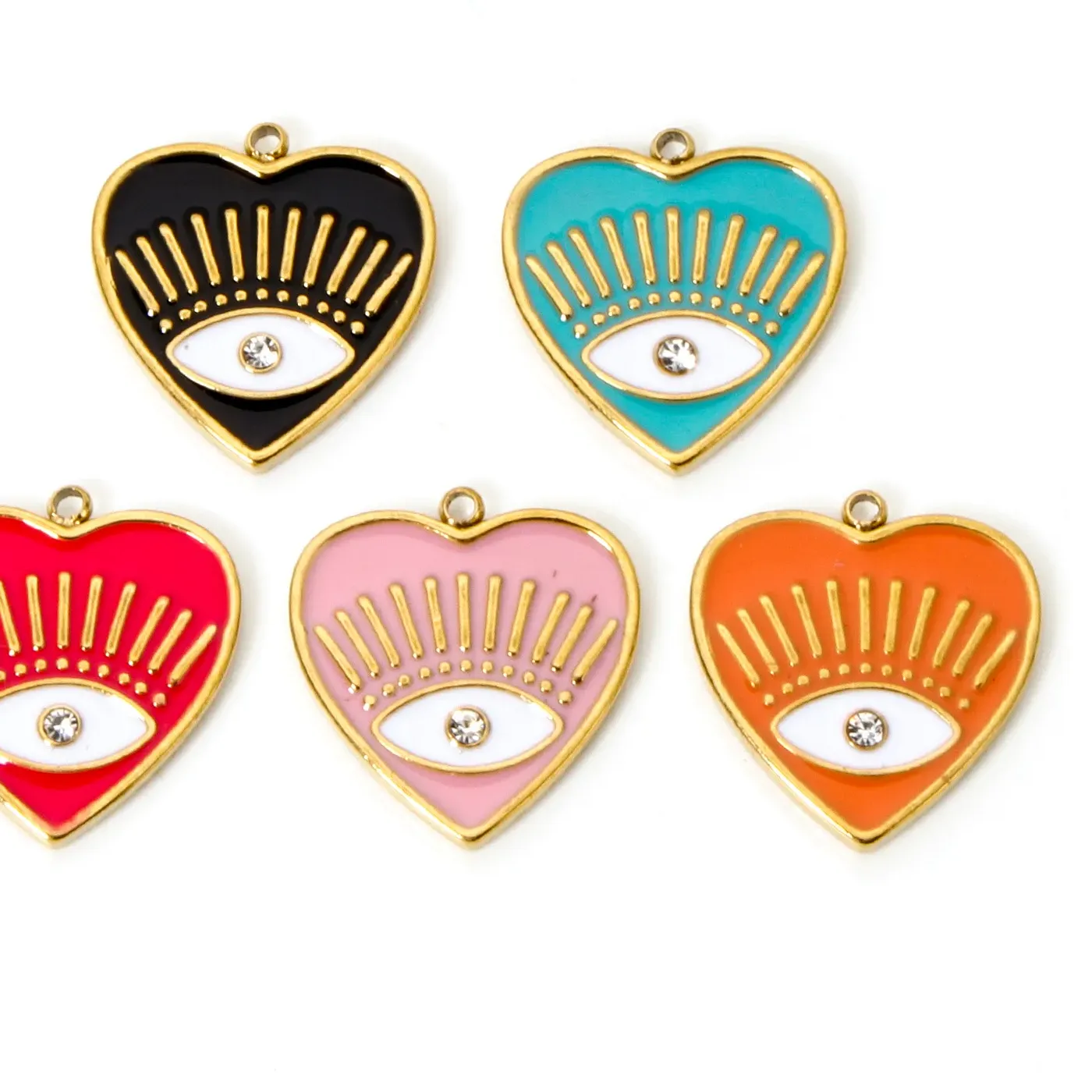 Authentic 1pc 304 Religious Charms 18K Gold Plated Multicolor Heart Eye Enamel Clear Rhinestone Pendant 19.5mm x 18mm