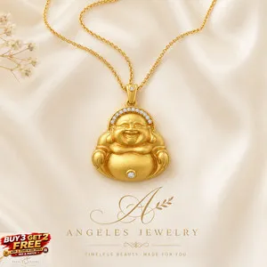 Authentic Laughing Buddha Crystal Pendant Necklace 18K Gold Plated Lucky Wealth Charm