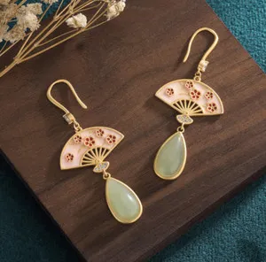 Authentic Verdant Harmony Jade Fan Talisman - 18K Gold Plated Sacred Geometry Earrings