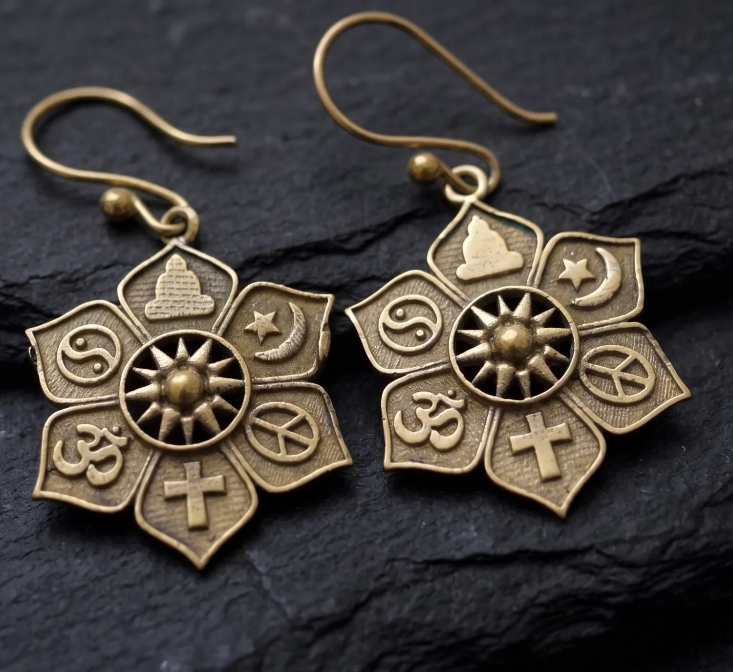 Authentic Gold Plated Spiritual Symbol Mandala Earrings | Multi-Faith Charm Ethnic Dangle