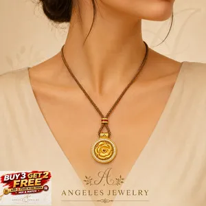 Authentic Rose Flower Crystal Locket Pendant Necklace Brown Cord 18K Gold Plated Charm