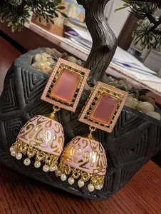 Authentic Ethnic Gold Plated Blush Pink Jhumka Earrings/Bollywood Style Wedding Jhumka