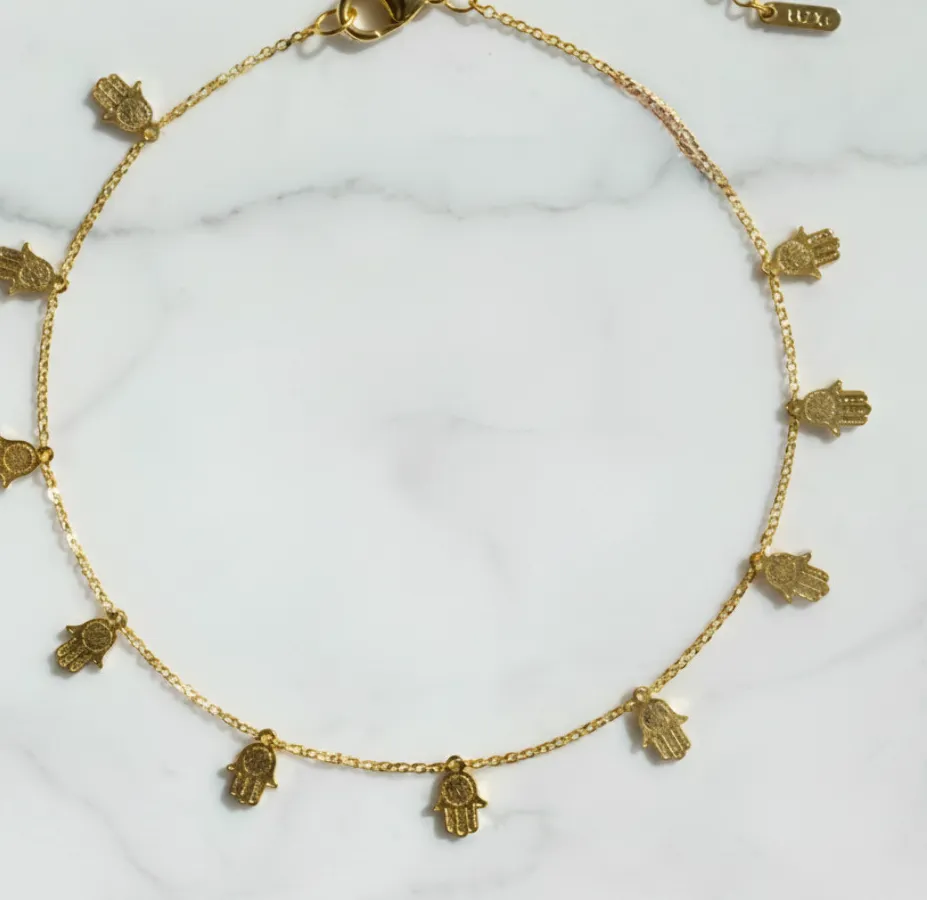Authentic Golden Sanctuary Hamsa Hand And Evil Eye Talisman Anklet