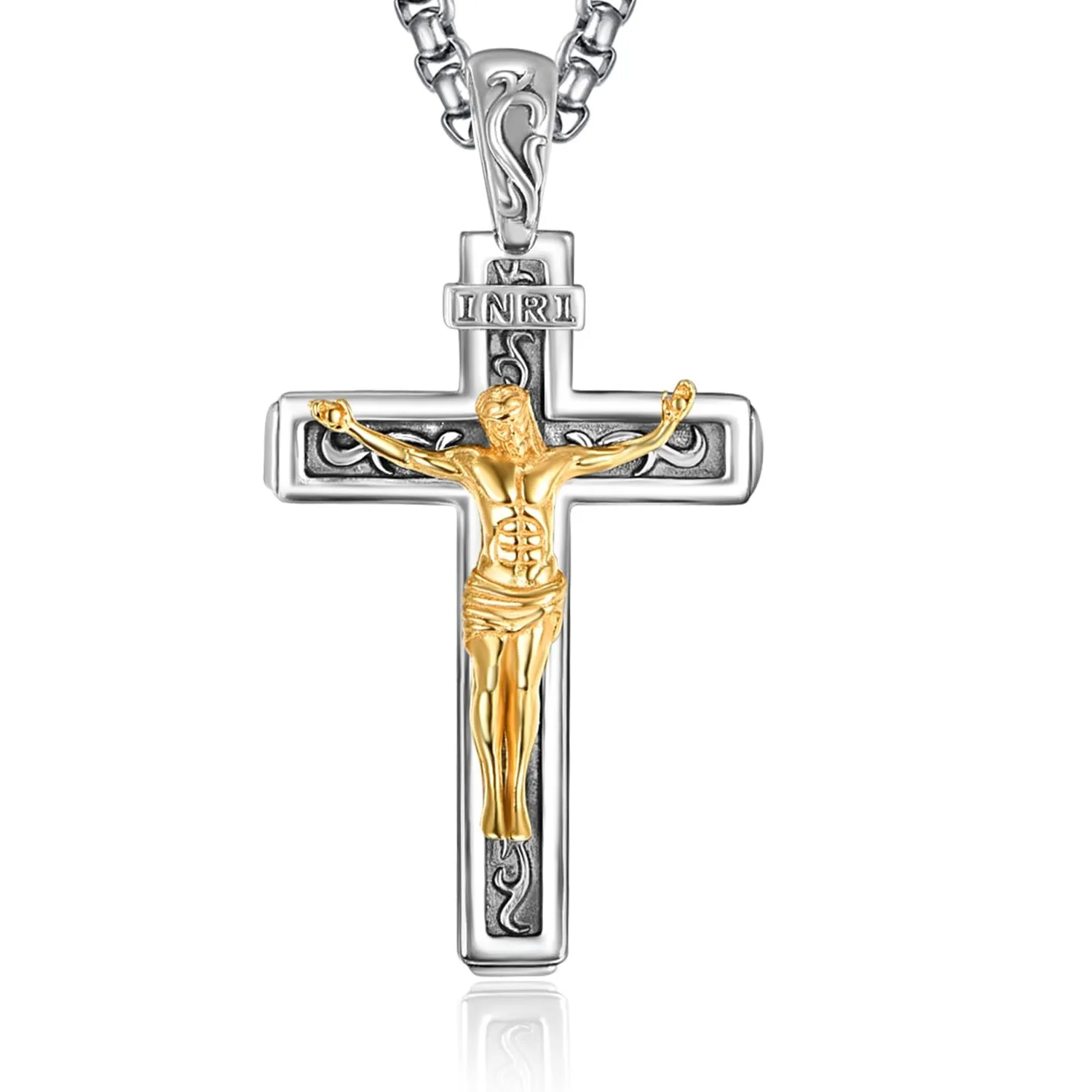 Authentic Celestial Inri Crucifix 14K Gold- Plated Silver Pendant Of Divine Protection