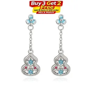 Authentic Pearl Enamel Dangle Earrings Boho Flower Dainty Gemstone 18K White Gold Plated
