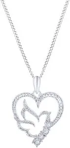Authentic White Natural Diamond Heart With Dove Pendant Necklace In 925 Sterling Silver