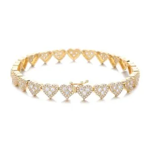 Authentic Pave Cubic Zirconia Heart Tennis Bracelet 18K White Gold Plated Iced Out Hip Hop
