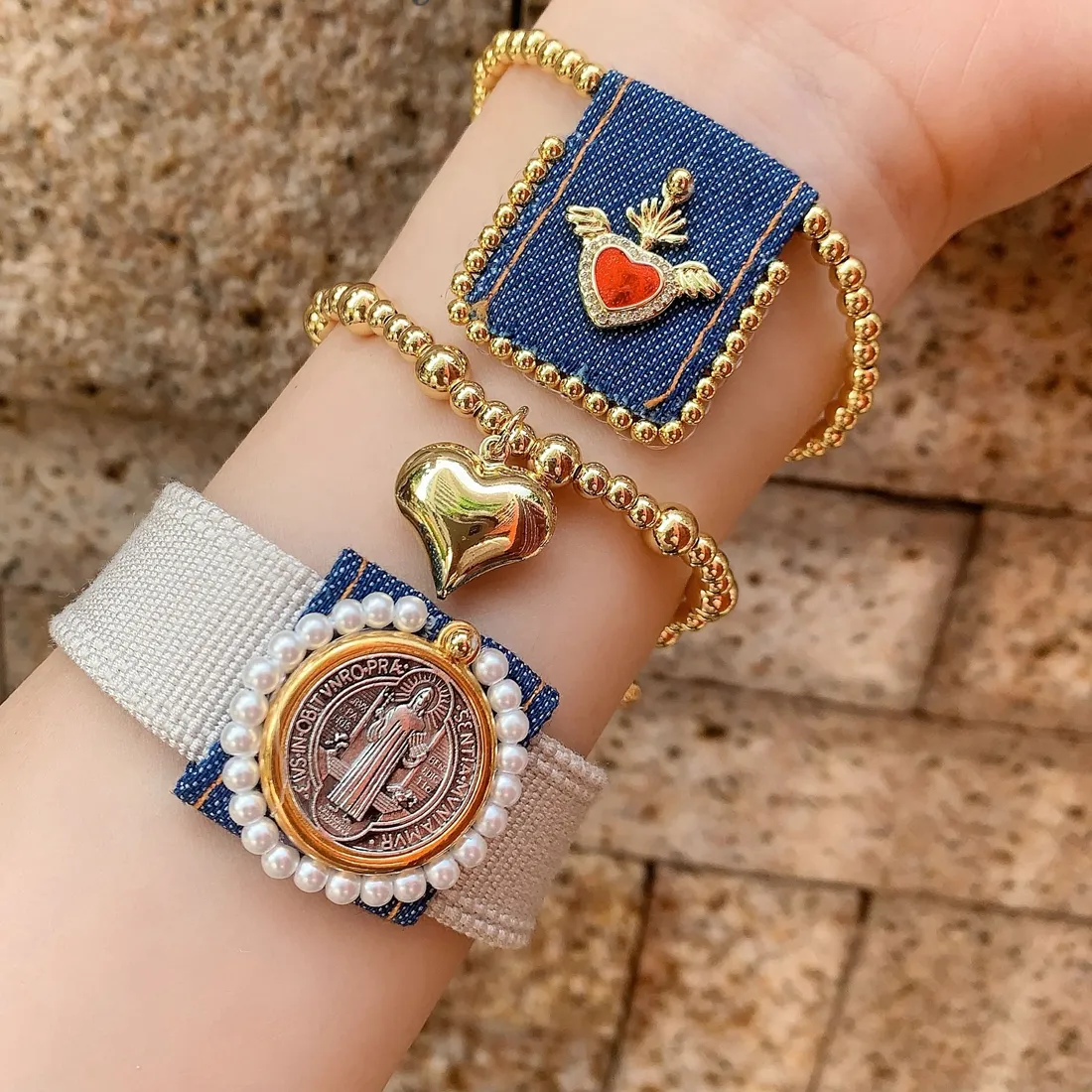Authentic 5PCS, Handmade Religion Christian Medal charms Weave Bracelet 18K Gold Plated Heart Beads Bracelet Women Jewelry