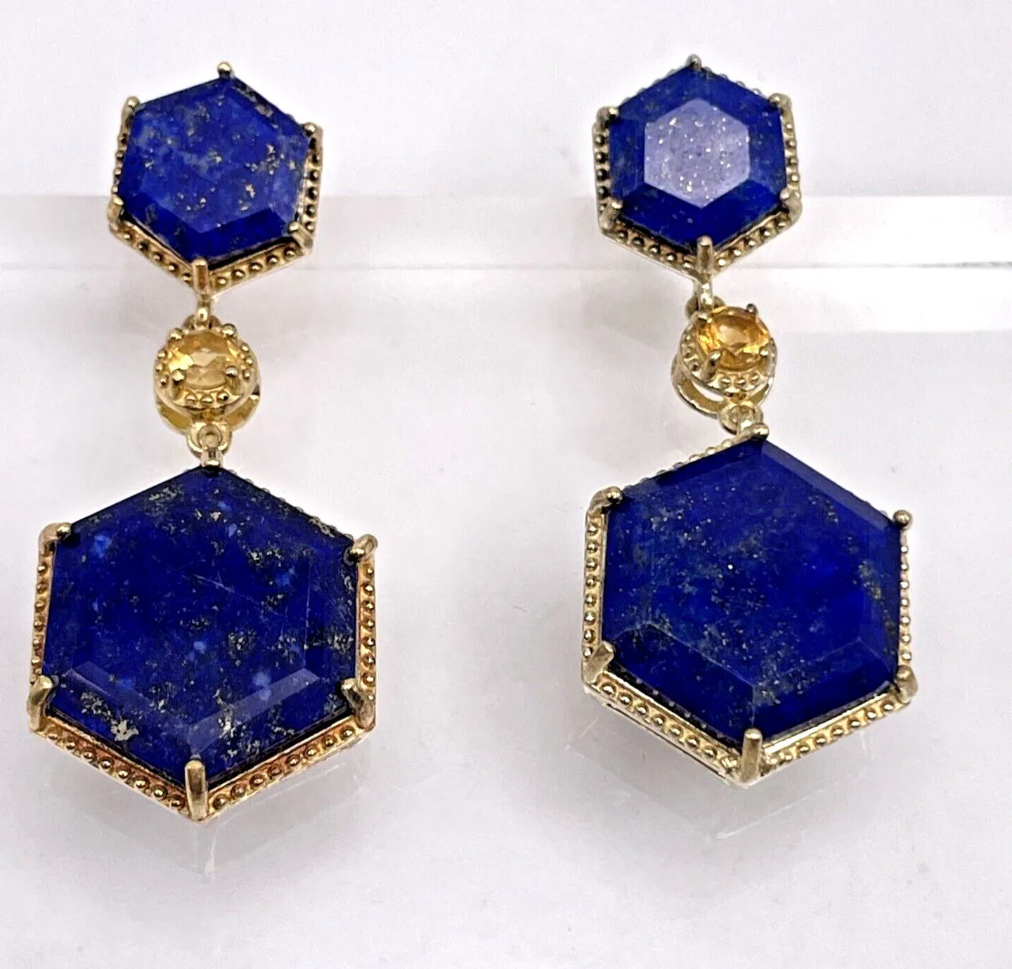 Authentic Celestial Geometry Hexagon Drop Earrings In Lapis Lazuli And Orange Citrine