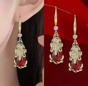 Authentic Radiant Pi Xiu Gold Plated Garnet Talismanic Earrings