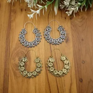 Authentic Large Tribal Gypsy Ethnic Mandala Earrings Boho Gold Plated Moroccan Hoops