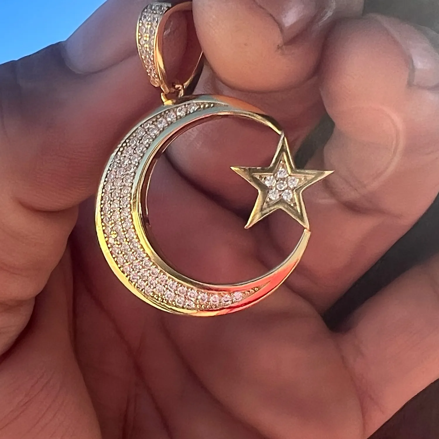 Authentic Crescent Moon & Star Muslim CZ Pendant - 14k Gold Plated Sterling Silver Talisman of Celestial Protection