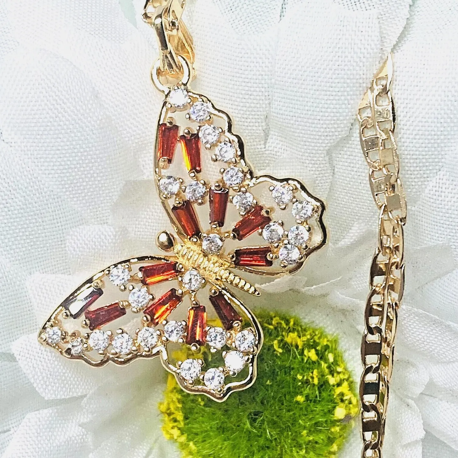 Authentic 14K Gold Plated Amber & White Cz Color Butterfly Pendant Included Chain 22in