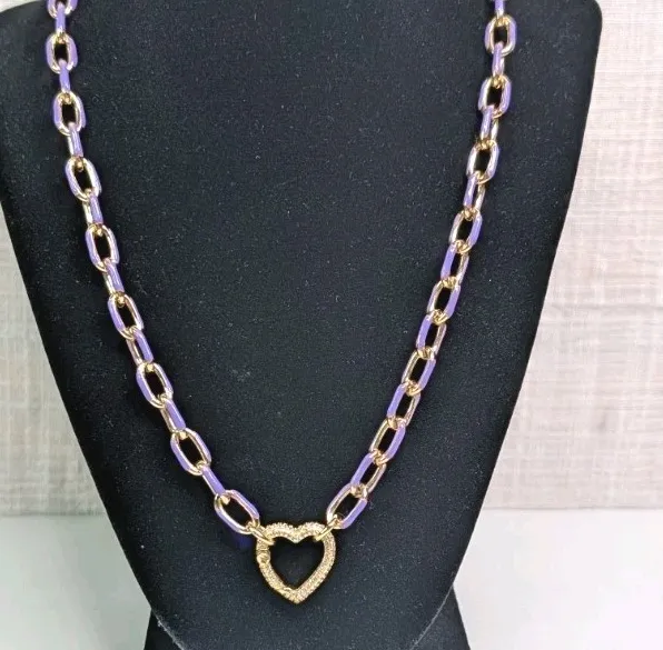 Authentic 18k Gold Plated Chain Link Necklace Purple Lilac Enamel CZ Heart Clip 18-19.5"