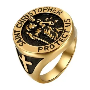 Authentic Mens Gold Plated Stainless Steel Saint Christopher Protect US Cross Ring Band