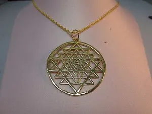 Authentic 14 KT GOLD PLATED SRI YANTRA PENDANT CHARM 2 "HIGH W/ 16-30" ROPE CHAIN-132
