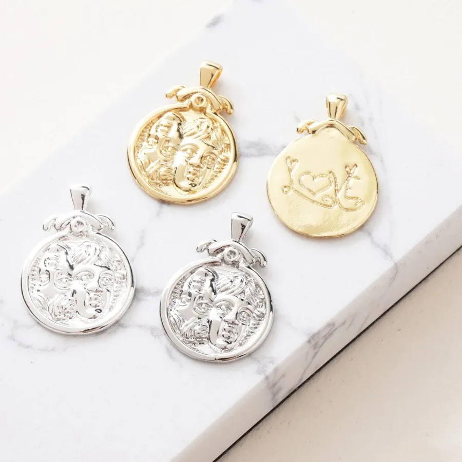 Authentic 4PCS Dainty Avatar Coin Pendant Profile Charms for Jewelry Making DIY Personalized Brass Accessories 14k Gold Plated 16*23mm