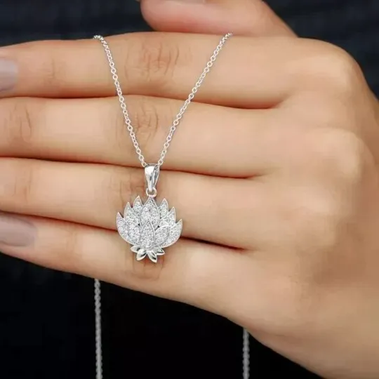 Authentic 2Ct Round Cut Simulated Diamond Women's Lotus Pendant 14K White Gold Plated