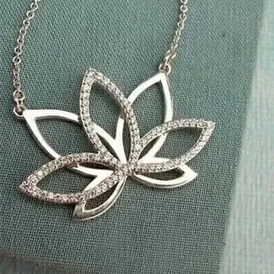 Authentic 14K White Gold Plated Lotus Pendant Necklace 1.5 Ct Round Cut Simulated Diamond