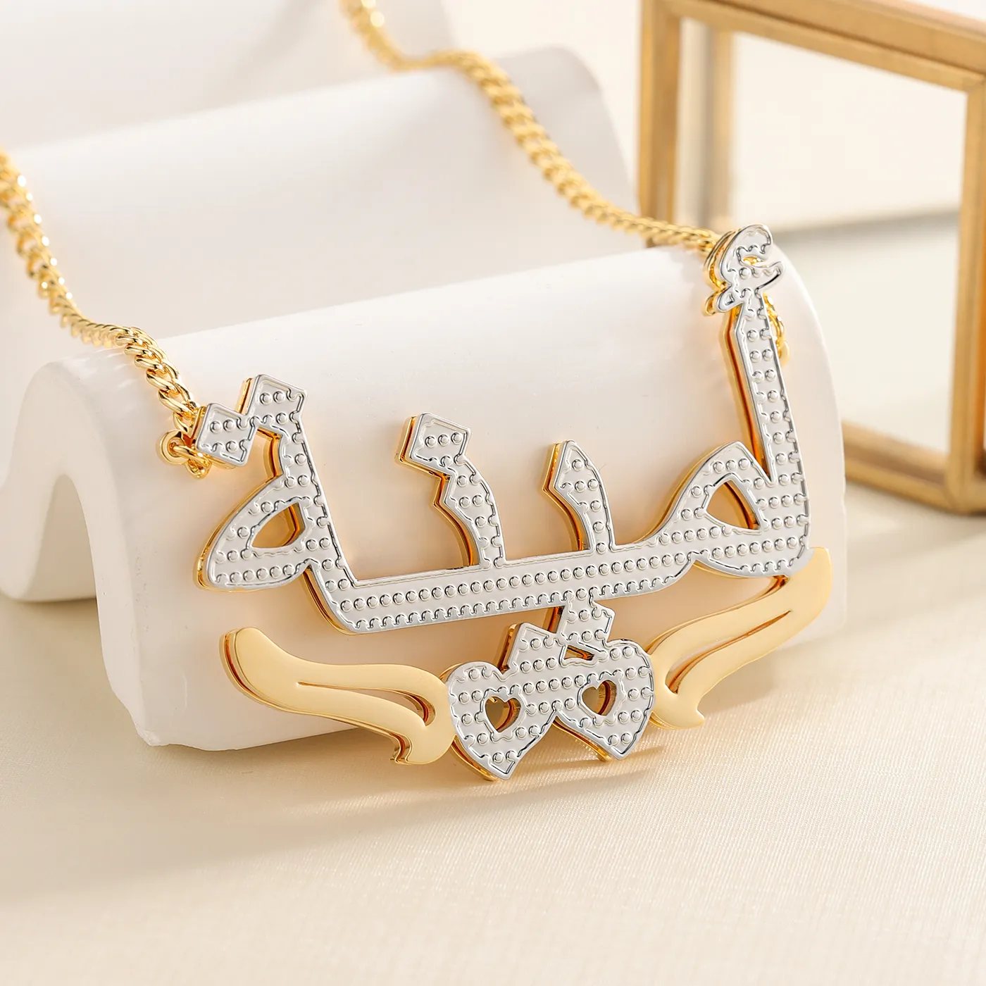 Authentic Heart Custom Arabic Name Necklace 18K Gold Plated Two Tone Pendant Personalized Islam Jewelry Valentine's Gift for Women