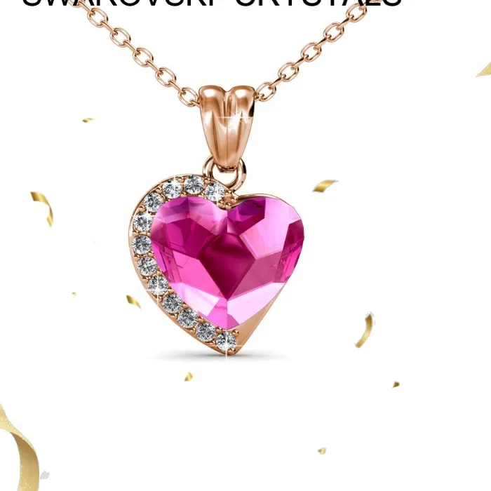 Authentic Daisini 925 Sterling Silver Pink Swarovski Crystals Heart Shape Pendant Necklace for Women Plated 18k Real Gold Delicate Jewelry