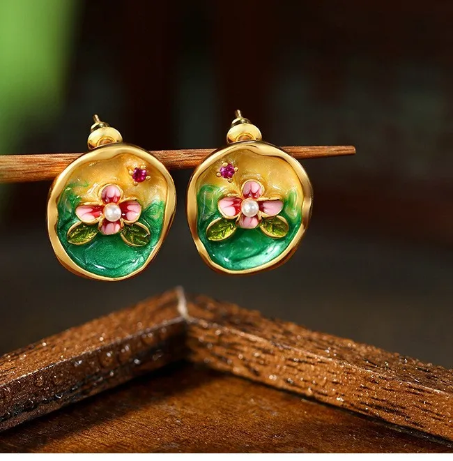 Authentic Pearl Retro Flower Earrings 18K Gold Plated Drop Dangle Monet Garden Paint Style