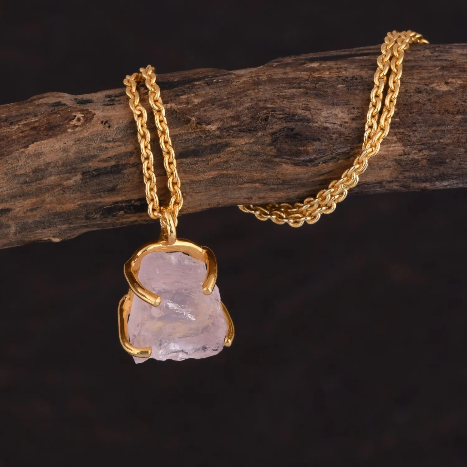 Authentic Raw Rose Quartz 18k Gold Plated Necklace 925 Sterling Silver Pendant Jewelry