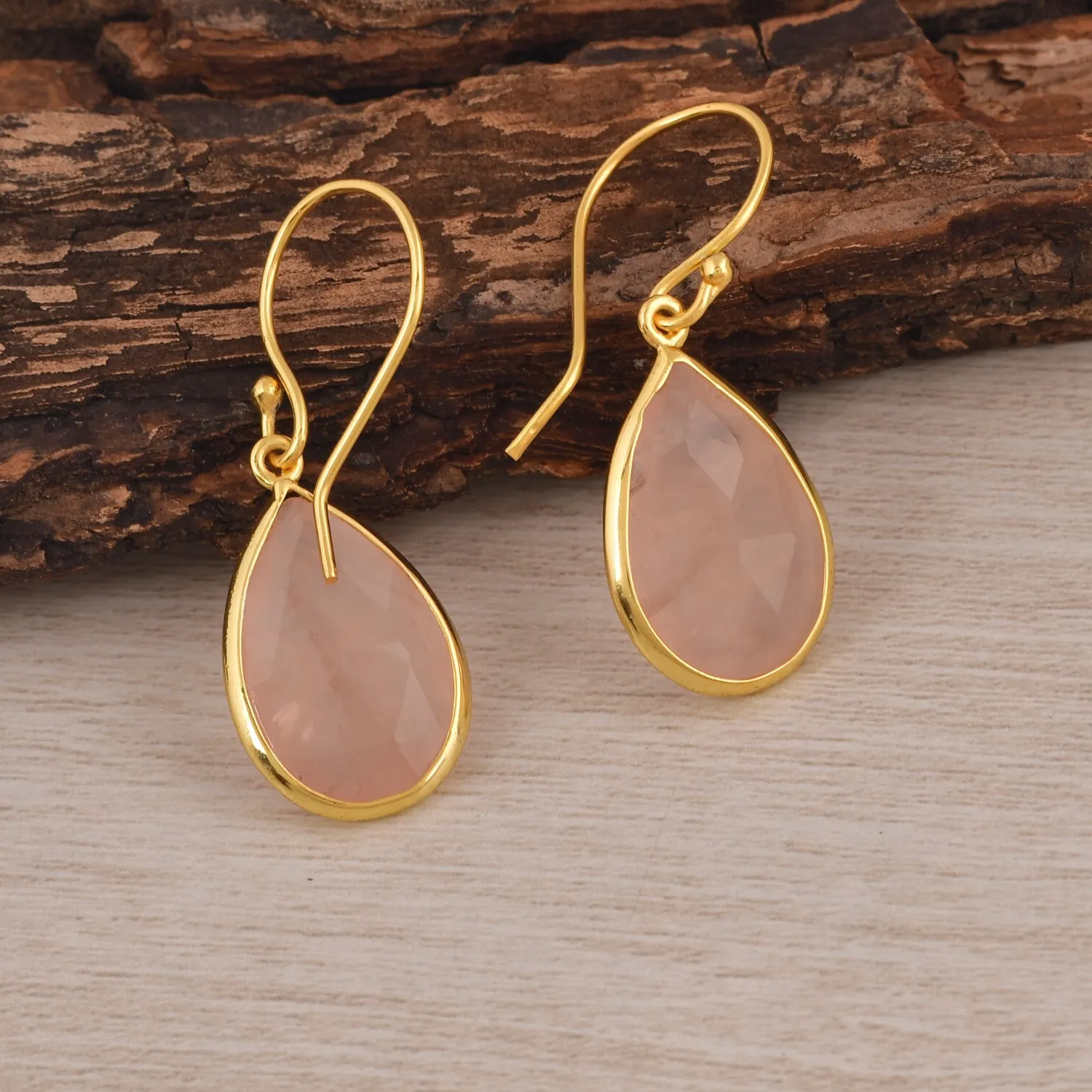 Authentic Rose Quartz 18K Gold Plated 925 Sterling Silver Dangle Earrings Jewelry 