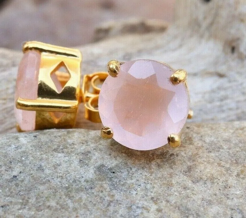 Authentic Whispers of the Heart: Rose Quartz 18k Gold Plated Silver Stud Earrings