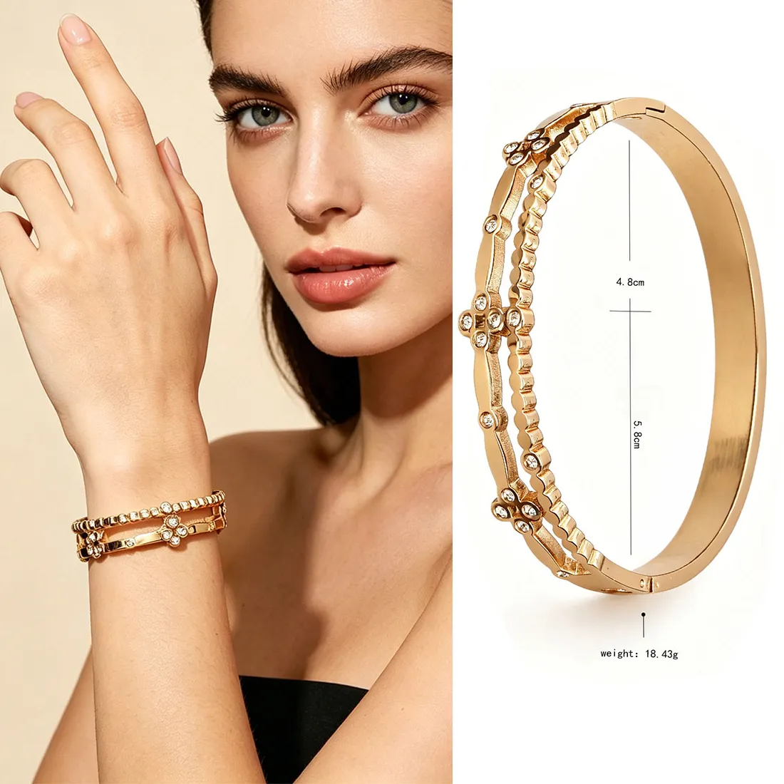 Authentic Women Gold Plated Double Layer Clover Zircon Cuff Bangle Adjustable Minimalist Elegant Statement Jewelry for Her Da