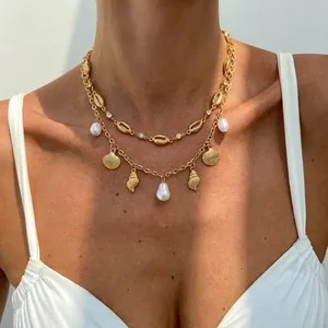 Authentic Bohemian Double Layer Seashell Starfish Necklaces For Women Gold Plated Sun Shel