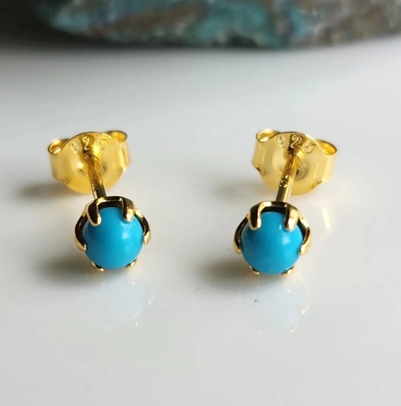Authentic Celestial Sleepstone Turquoise Studs 4.5 Mm, Gold Plated 925 Silver