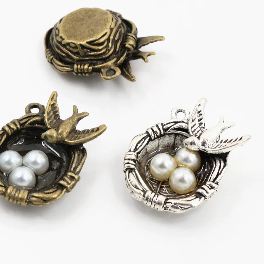Authentic Four Enchanted Bird Nest Charms Antique Silver & Bronze Plated