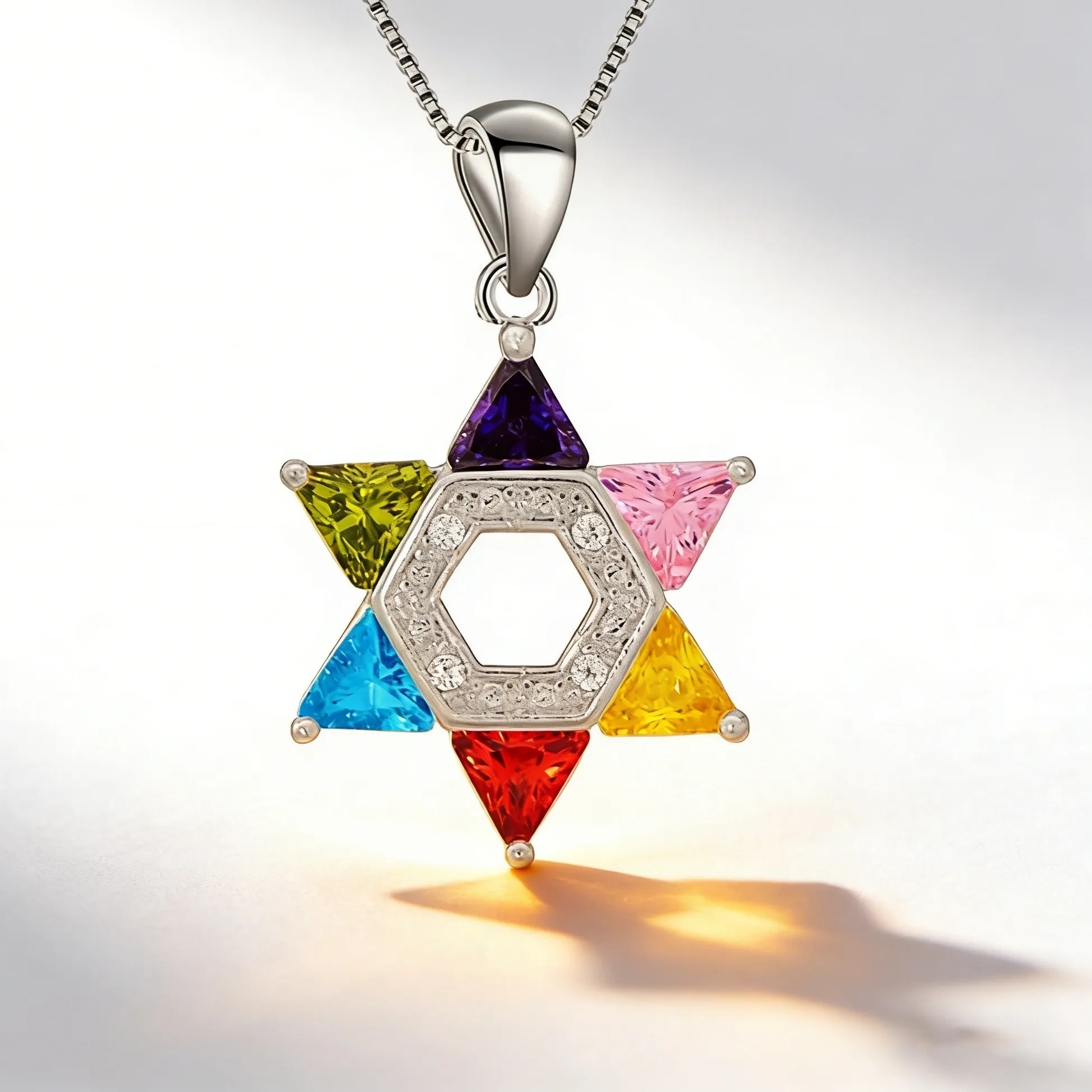 Authentic Colorful Star Of David Pendant Necklace, Dainty Hexagram Choker With Cubic Zirconia, Bohemian Jewelry For