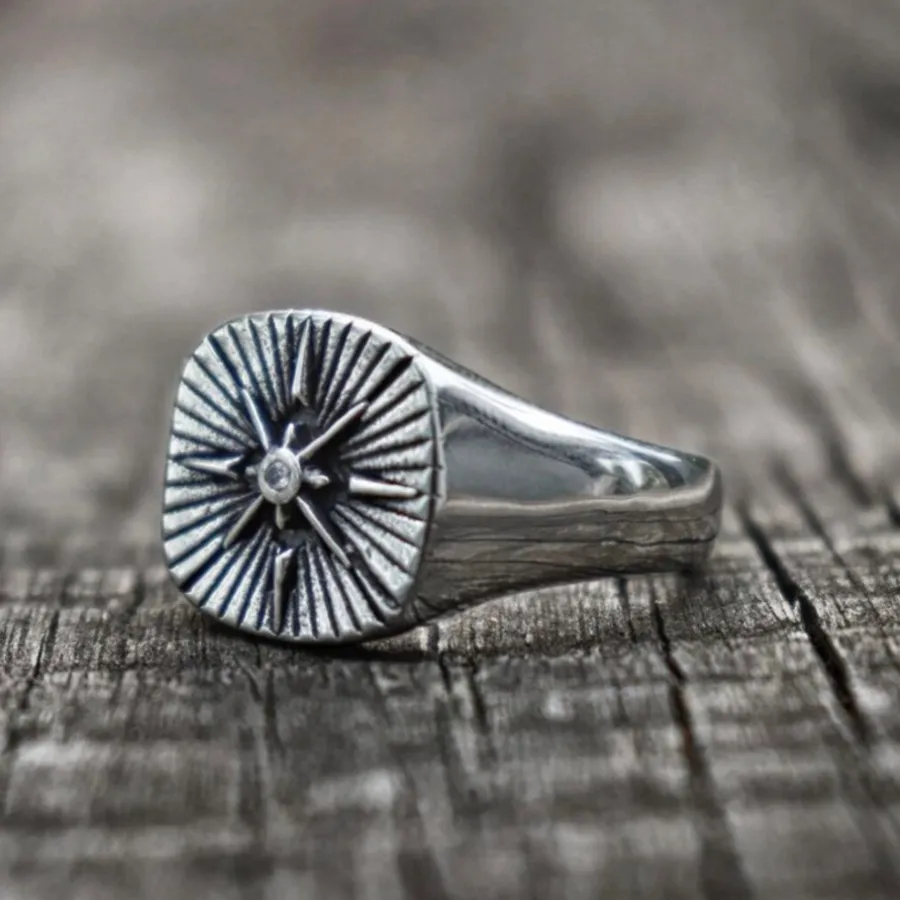 Authentic Nautical Biker Cz North Star Compass Signet Ring Hip Hop Punk Cross Jewelry